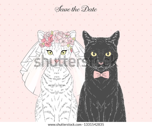 ウエディングベールと花柄のダイアデムを持つ白猫の花嫁と 蝶ネクタイを持つ黒猫の花婿 結婚式のデザインを保存するためのベクター手描きの動物イラスト のベクター画像素材 ロイヤリティフリー