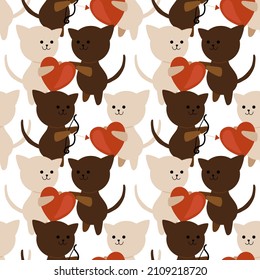 white cat and brown cat Hearts and arrows of love. Seamless pattern for decoration. Valentine's Day. Wrapping paper pattern.