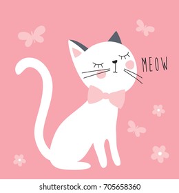 White Cat With Butterflies And Flowers Vector Illustration