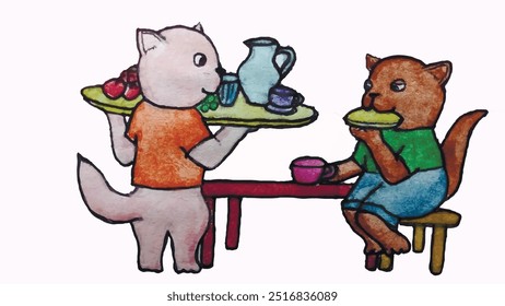 A white cat carries a tray of food, a brown cat sits at a table and drinks tea