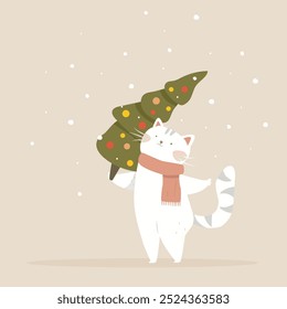 white Cat Carrying Christmas Tree and enjoys the snowfall. Vector illustration of cute cat holds a Christmas decoration. Merry christmas greeting card or poster.