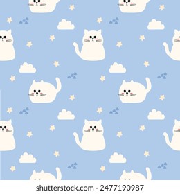 White cat cartoon so cute. On cloud star blue background. Pattern seamless vector illustration. 