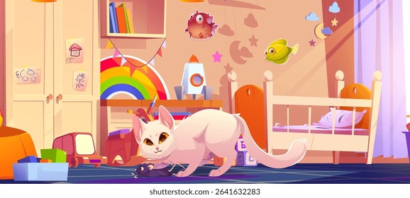 White cat caught black mouse on blue carpet in colorful children room. Playful feline with rodent near crib, wardrobe and toys scattered in nursery. Bedroom decorated with stars, moon and fishes.
