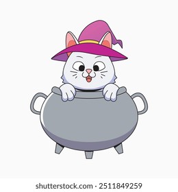  white cat in cauldron vector illustration cartoon animal flat isolated