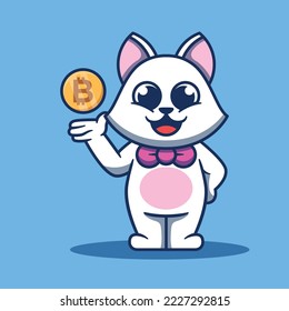 White cat character design with bitcoin vector illustration. Flat cartoon style.