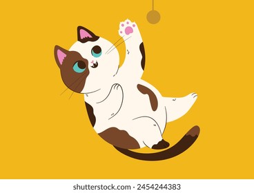 White cat Charming cat playing happily. Yellow background. Cat lying belly up