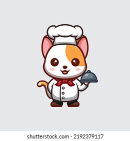 White Cat Chef Cute Creative Kawaii Cartoon Mascot Logo