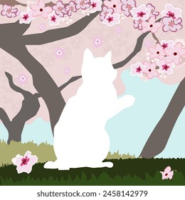 A white cat in a cherry orchard is reaching for a flower on a cherry tree branch. The illustration is made in pastel warm colors. The picture conveys harmony, peace, pleasure, joy, and surprise.