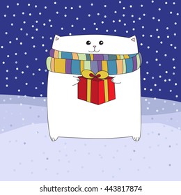 White cat with Christmas gift. Vector for design