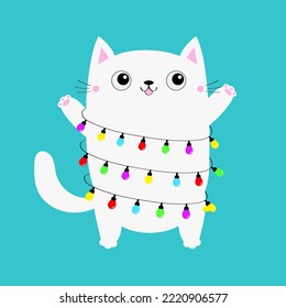 White cat. Christmas lights set. Lightbulb garland line fairy light. Merry Christmas. Kawaii cartoon baby character. Cute kitten head face. Greeting card. Flat design. Blue background. Vector