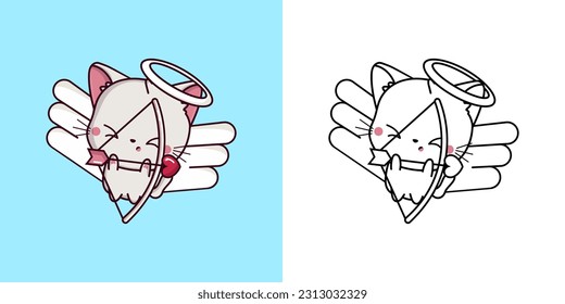 White Cat Clipart and Black and White Art. Beautiful Cat Illustration. Vector Illustration of a Kawaii Animal for Prints for Clothes, Stickers, Baby Shower, Coloring Pages.
