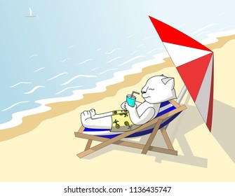 A white cat with a cocktail is sunning on a deckchair by the sea. Flat illustration for design.