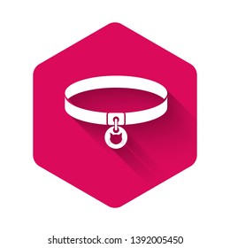 White Cat collar with name tag icon isolated with long shadow. Simple supplies for domestic animal. Cat and dog care. Pet cat chains. Pink hexagon button. Vector Illustration