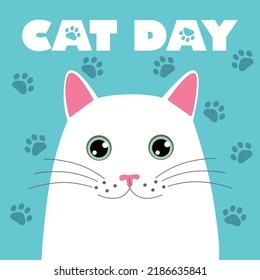 White cat colored in flat style isolated on blue background with cat paws. Beautiful hand drawn angora kitten illustration design for poster, banner, greeting card