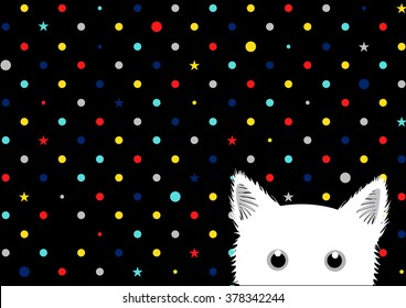 White Cat Colorful Dots Star Background Vector Illustration