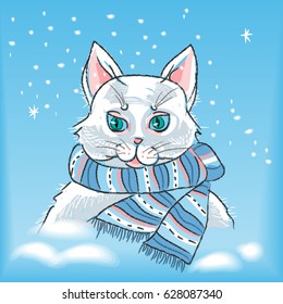 White cat in colorful knitted scarf in snow, vector illustration