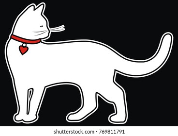 white cat with contour, vector icon, black background
