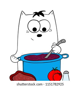 White cat cooking soup in a pot. The picture is made in a vector.