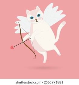 White cat cupid with wings, bow and arrow. Valentine's Day. Vector illustration drawn with chalk pencils and designed to decorate postcards, gifts.