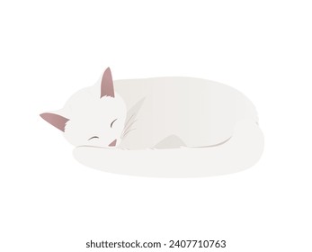 A white cat curled up and sleeping