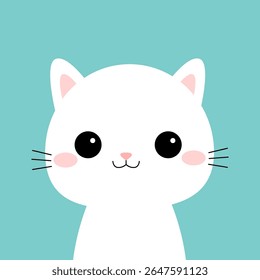White cat. Cute face head icon. Kawaii kitten, kitty. Cartoon funny baby character. Sticker print. Flat design. Blue background. Isolated. Vector illustration