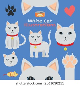 White Cat - Cute Illustrations in Different Poses, Sitting, Side, Head, Paw and Ears. Cartoon in Flat Design.