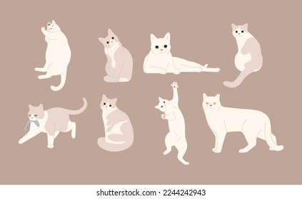 white cat cute on a brown background, vector illustration.