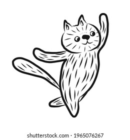 a white cat dances with its tail raised. Vector illustration isolated on a white background. For stickers, tableware designs, T-shirts, baby products, or pet stores.