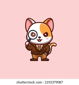 White Cat Detective Cute Creative Kawaii Cartoon Mascot Logo