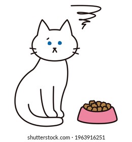 A white cat with a dissatisfied look on food.