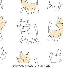 White cat in doodle style seamless pattern. Hand drawn pet vector print. Animal linear illustration.