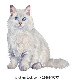 white cat drawn digital painting watercolor illustration