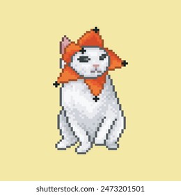 White cat dressed as a flower, pixel art meme