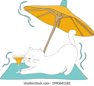 White cat drinks a cocktail on the beach. Vacation concept. Flat vector illustration.