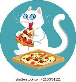 White Cat Eating Pizza, Cartoon Character