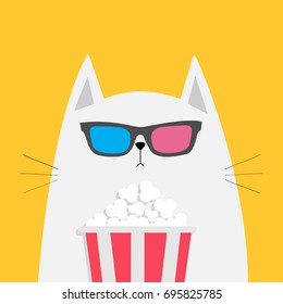 White cat eating popcorn. Cinema theater. Cute cartoon funny character. Film show. Kitten watching movie in 3D glasses. Yellow background. Isolated. Flat design. Vector illustration