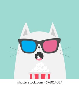 White cat eating popcorn. Cinema theater. Cute cartoon funny character. Film show. Kitten watching movie in 3D glasses. Blue background. Isolated. Flat design. Vector illustration