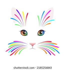 White cat face with big rounded colorful eyes and bright shining colored vibrissae over white background, funny pet