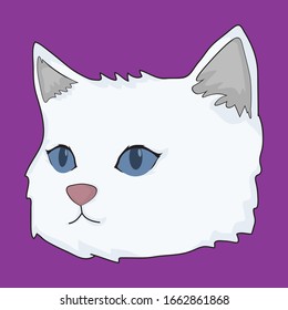 Weiße Katze mit einer Illustration zur Vektorillustration von blauem Auye Cartoon einzeln auf violettem Hintergrund
