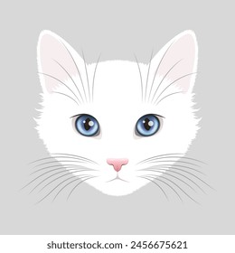 White cat face with bright blue eyes and big vibrissae, over light gray background, creative design with cute pet