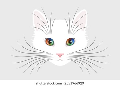 Cara blanca del gato con los ojos multicolores brillantes y los bigotes tupidos grandes sobre fondo claro, retrato lindo del animal doméstico, diseño creativo