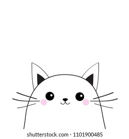 White cat face . Contour silhouette. Kawaii animal. Cute cartoon kitty character. Funny baby kitten with eyes, mustaches, nose, ears. Love Greeting card. Flat design. White background Isolated. Vector