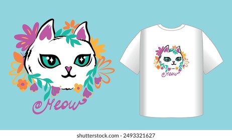 White cat face with flowers composition and text Meow. Cute kitty blossom print for t shirt.