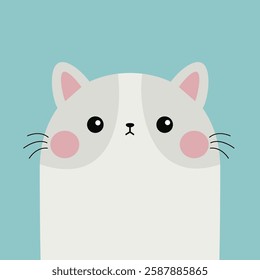 White cat face head. Cute kitten girl. Cartoon funny kitty character. Pink cheeks. Kawaii animal in love. Happy Valentines Day. Love Greeting card . Flat design. Blue background. Vector illustration