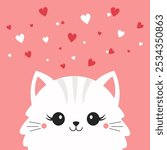 White cat face head. Fluffy kitten. White red hearts. Happy Valentines Day. Cute cartoon funny kitty character. Kawaii animal in love. Greeting card . Flat design. Pink background. Vector illustration