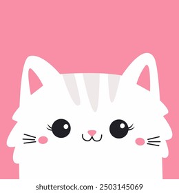 White cat face head. Fluffy kitten. Happy Valentines Day. Cute cartoon funny baby kitty character. Kawaii animal in love. Greeting card . Flat design. Pink background. Isolated. Vector illustration