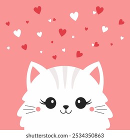 White cat face head. Fluffy kitten. White red hearts. Happy Valentines Day. Cute cartoon funny kitty character. Kawaii animal in love. Greeting card . Flat design. Pink background. Vector illustration