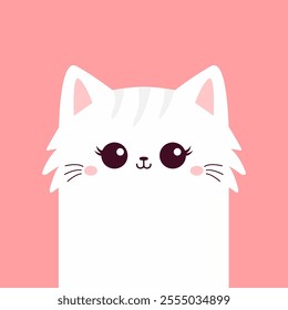 White cat face head. Fluffy kitten girl. Cute cartoon funny kitty character. Kawaii animal in love. Happy Valentines Day. Love Greeting card . Flat design. Pink background. Vector illustration