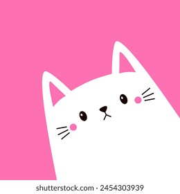 Silueta blanca de la cabeza del gato asomándose desde la esquina. Gatito divertido. Lindo personaje de dibujos animados kawaii bebé. Animal doméstico. Tarjeta de amor de San Valentín. Estampado de pegatinas. Diseño plano. Fondo rosa. Vector