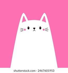 White cat face head silhouette icon. Funny kitten. Cute cartoon kawaii baby character. Pink ears, cheeks. Pet animal. Valentines day love card. Sticker print. Flat design. Pink background. Vector